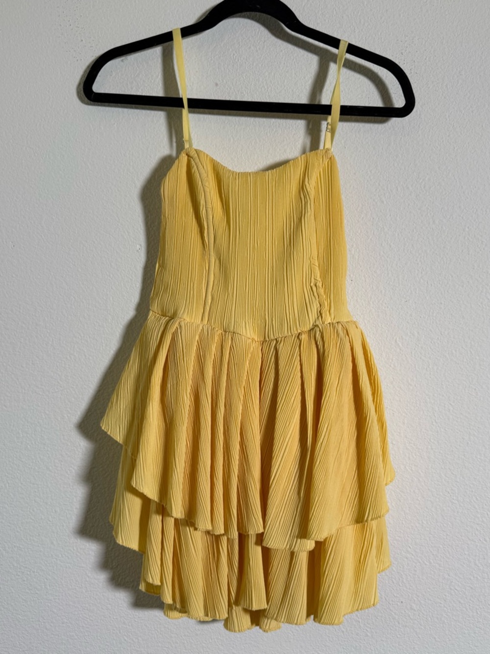 OW Collection Crush Pleated Mini Dress Yellow‎ Tiered Ruffle Built In Bodysuit